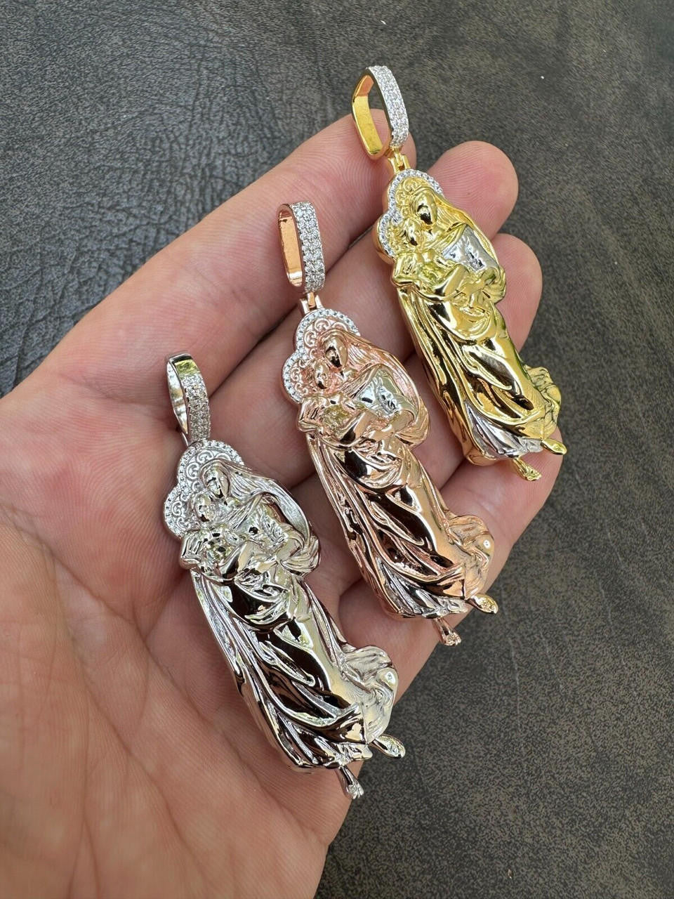 MOISSANITE Virgin Mary 3D Pendant - Yellow/Rose Gold Vermeil 925 Silver - Large 2.5"