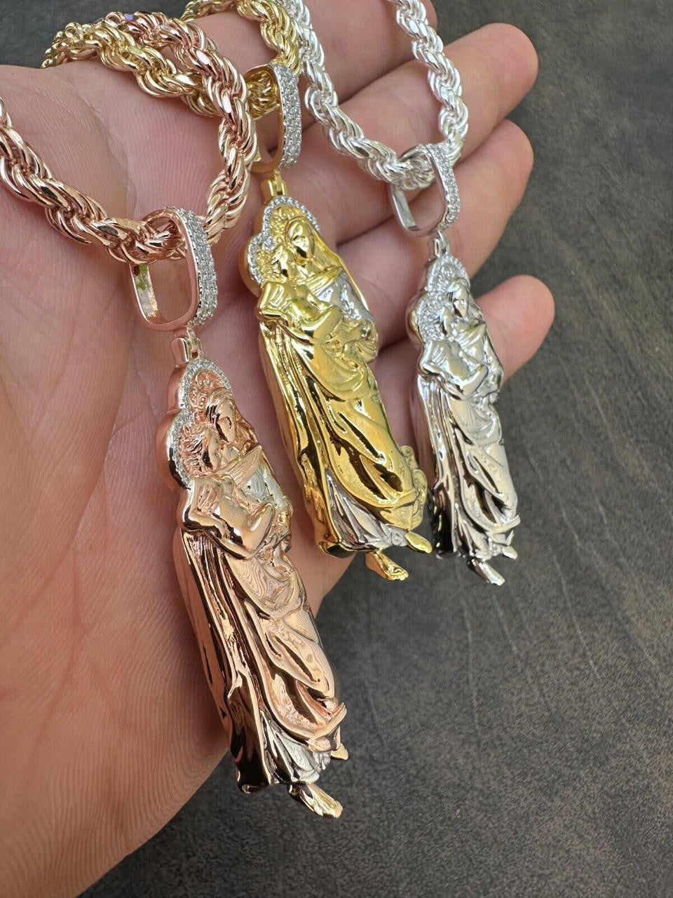 MOISSANITE Virgin Mary 3D Pendant - Yellow/Rose Gold Vermeil 925 Silver - Large 2.5"