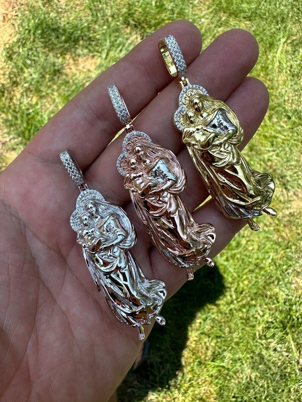 MOISSANITE Virgin Mary 3D Pendant - Yellow/Rose Gold Vermeil 925 Silver - Large 2.5"
