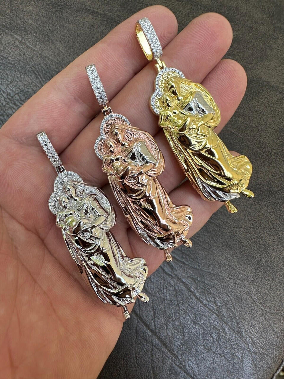 MOISSANITE Virgin Mary 3D Pendant - Yellow/Rose Gold Vermeil 925 Silver - Large 2.5"