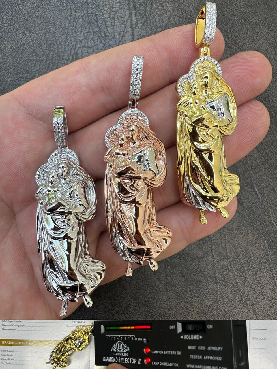 MOISSANITE Virgin Mary 3D Pendant - Yellow/Rose Gold Vermeil 925 Silver - Large 2.5"