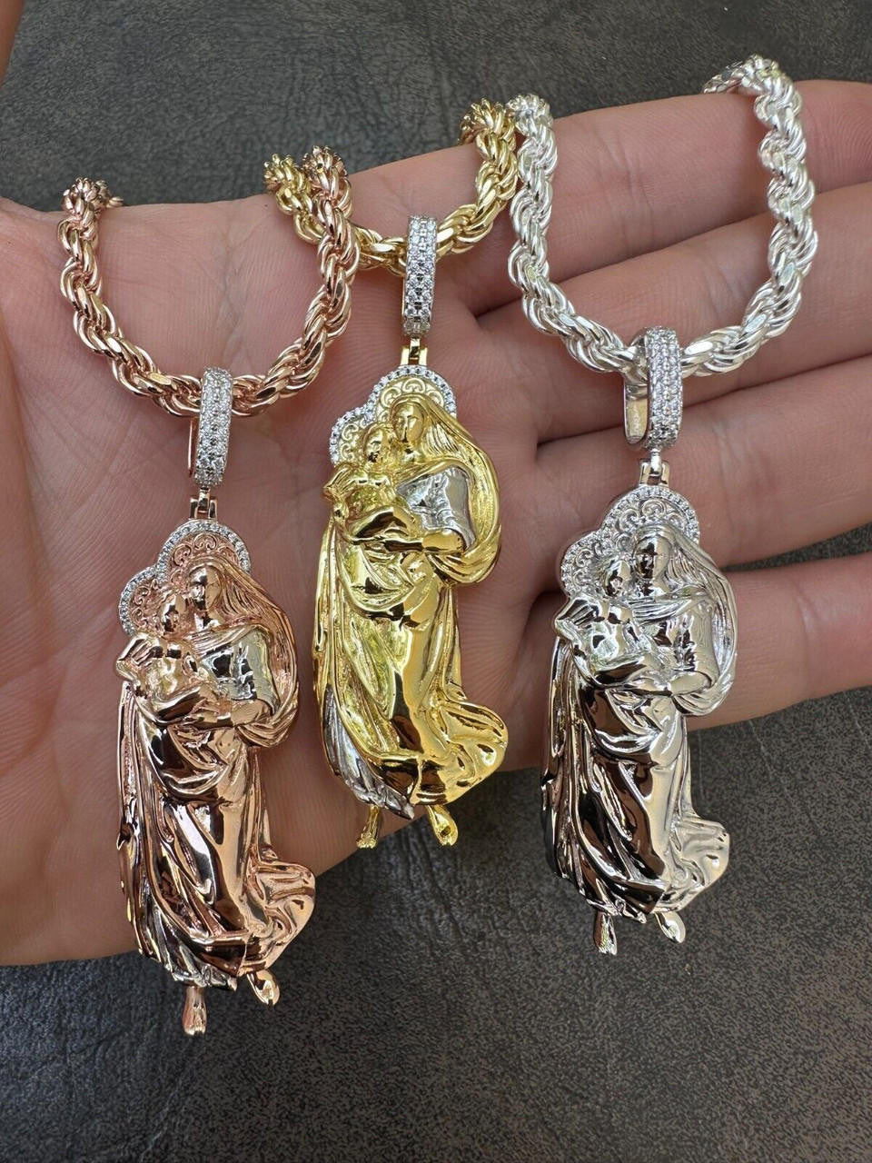 MOISSANITE Virgin Mary 3D Pendant - Yellow/Rose Gold Vermeil 925 Silver - Large 2.5"