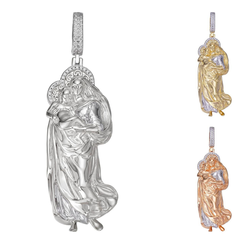 MOISSANITE Virgin Mary 3D Pendant - Yellow/Rose Gold Vermeil 925 Silver - Large 2.5"