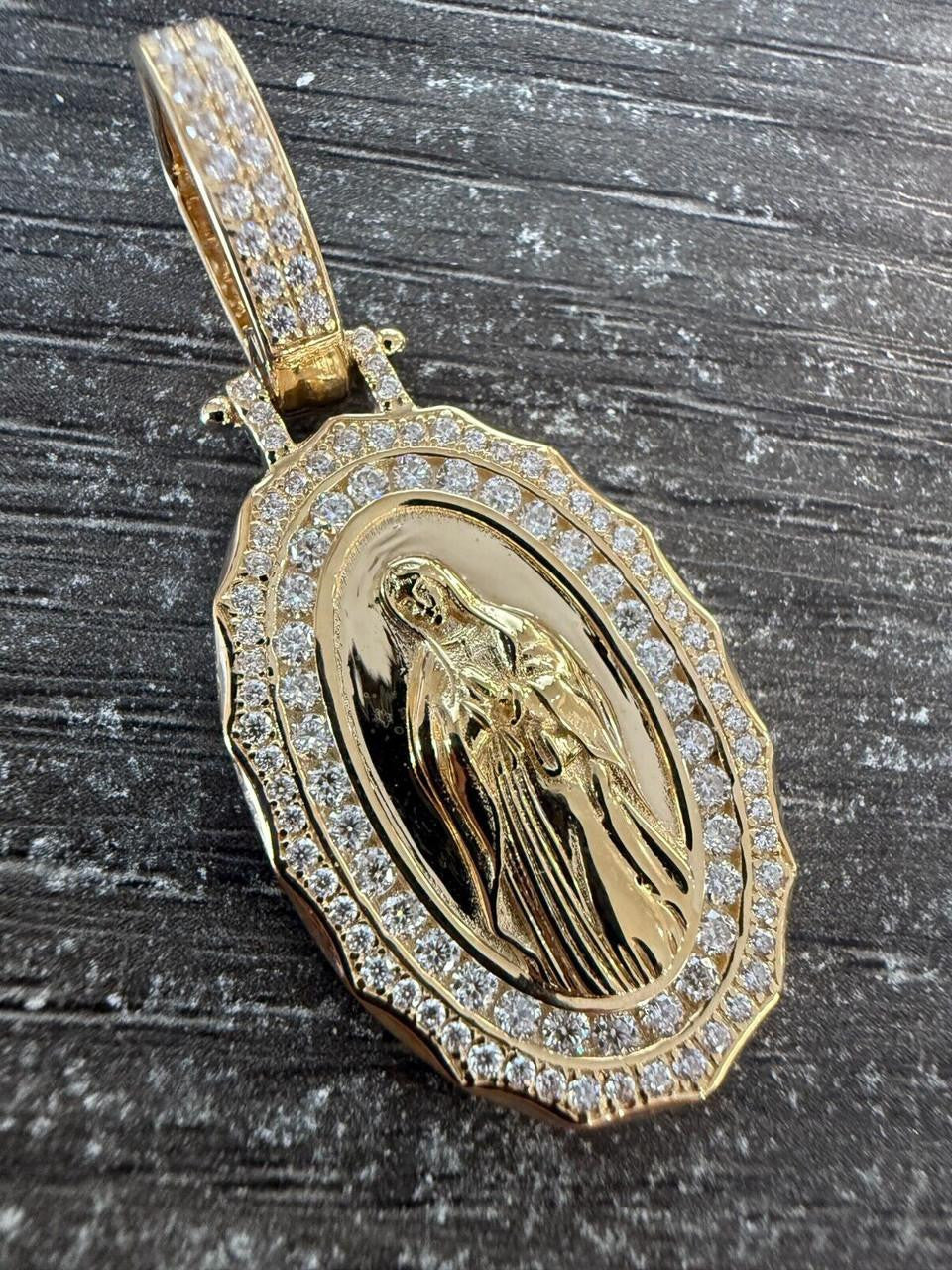 MOISSANITE Virgin Mary Iced Medallion Pendant - 10k Yellow Or White Gold - Small 1.75"