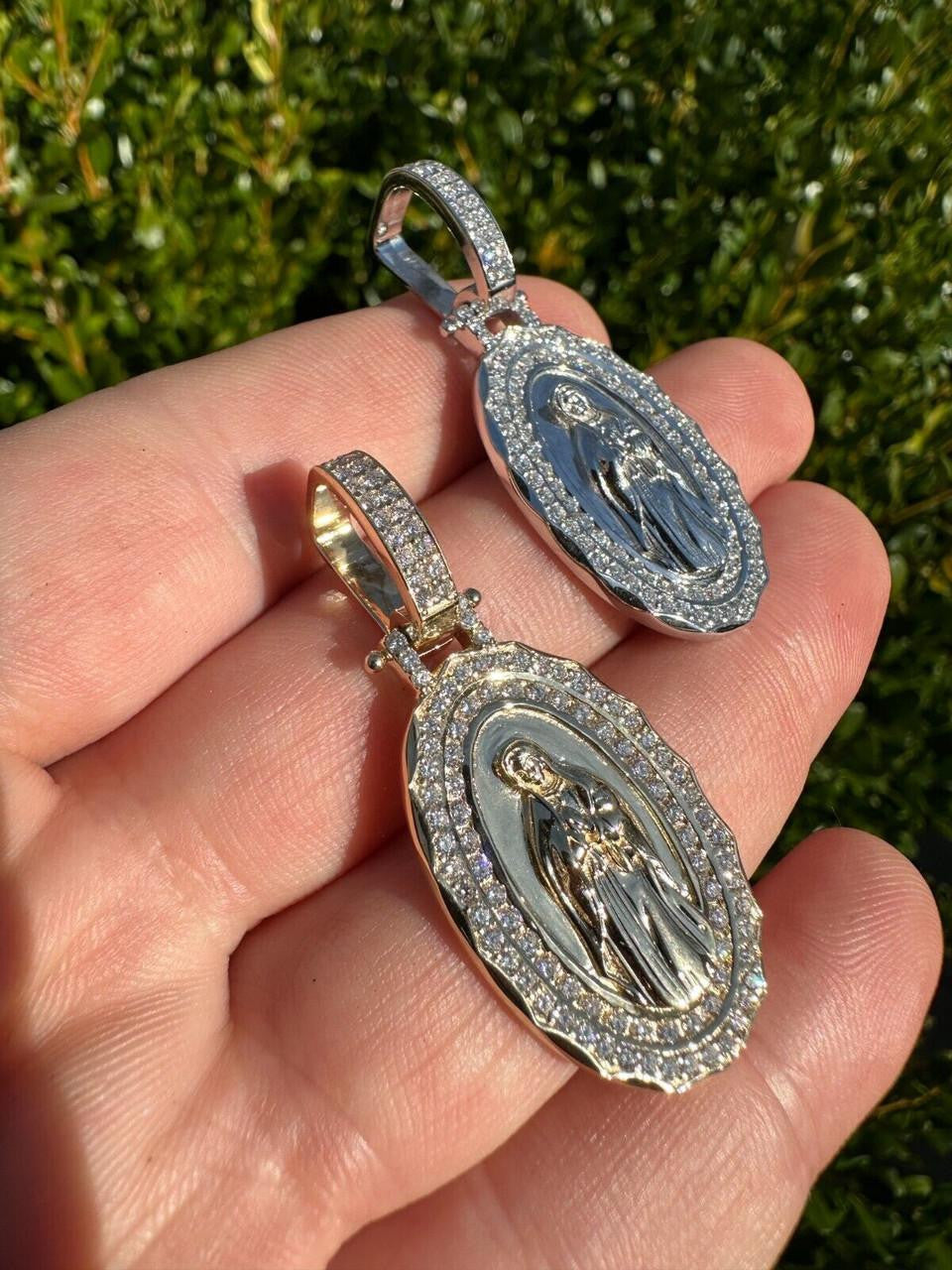 MOISSANITE Virgin Mary Iced Medallion Pendant - 10k Yellow Or White Gold - Small 1.75"