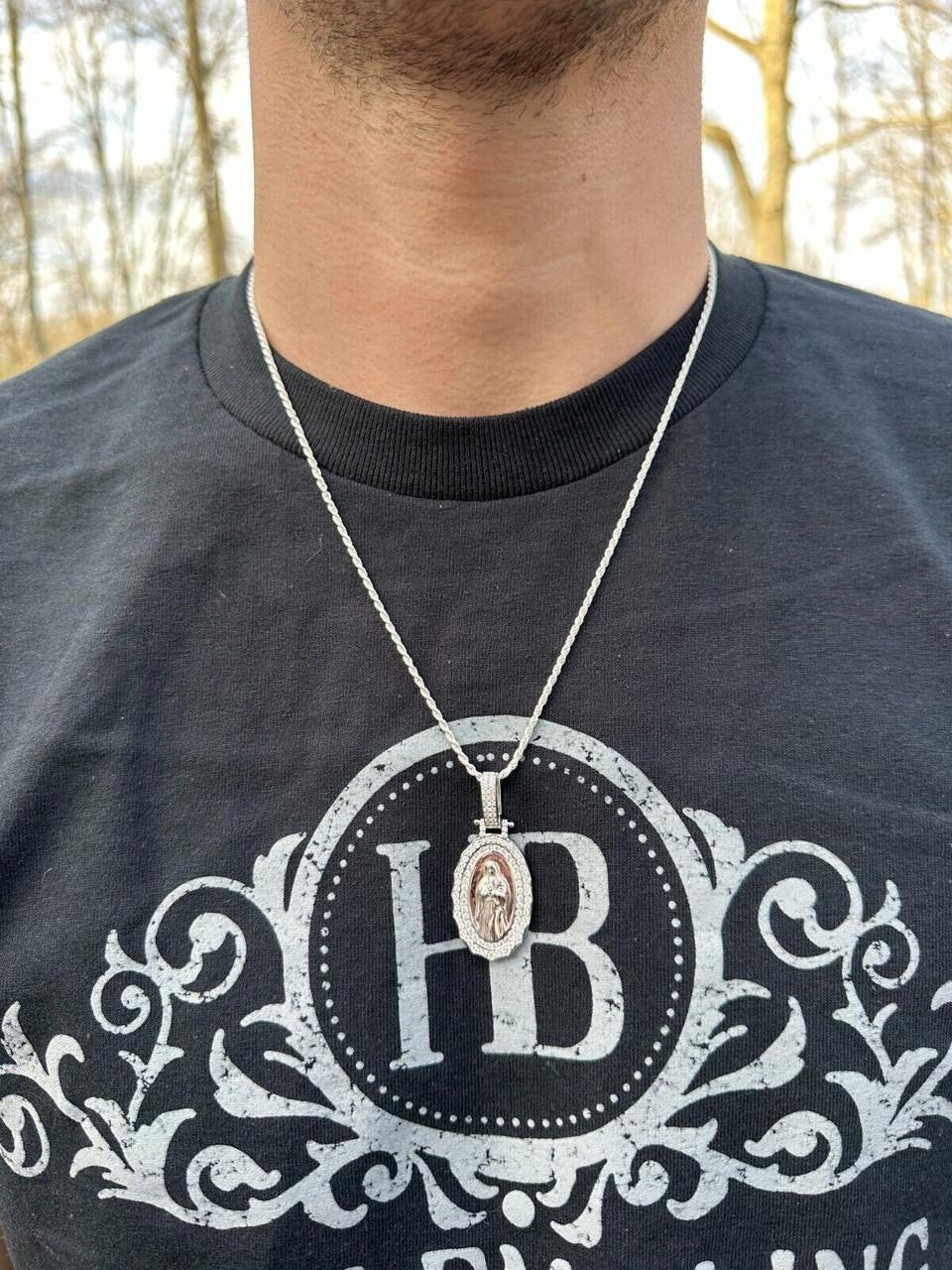 MOISSANITE Virgin Mary Iced Medallion Pendant - 10k Yellow Or White Gold - Small 1.75"