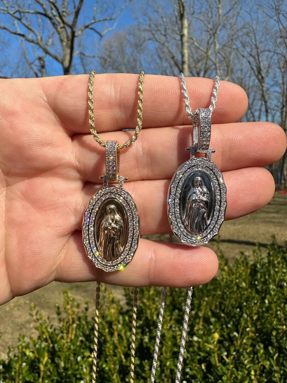 MOISSANITE Virgin Mary Iced Medallion Pendant - 10k Yellow Or White Gold - Small 1.75"