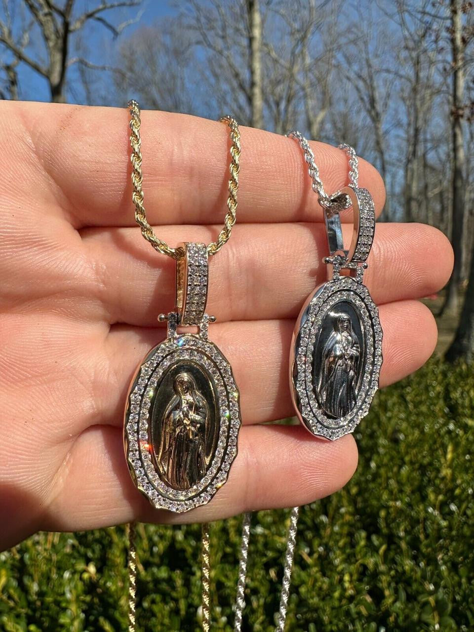 MOISSANITE Virgin Mary Iced Medallion Pendant - 10k Yellow Or White Gold - Small 1.75"