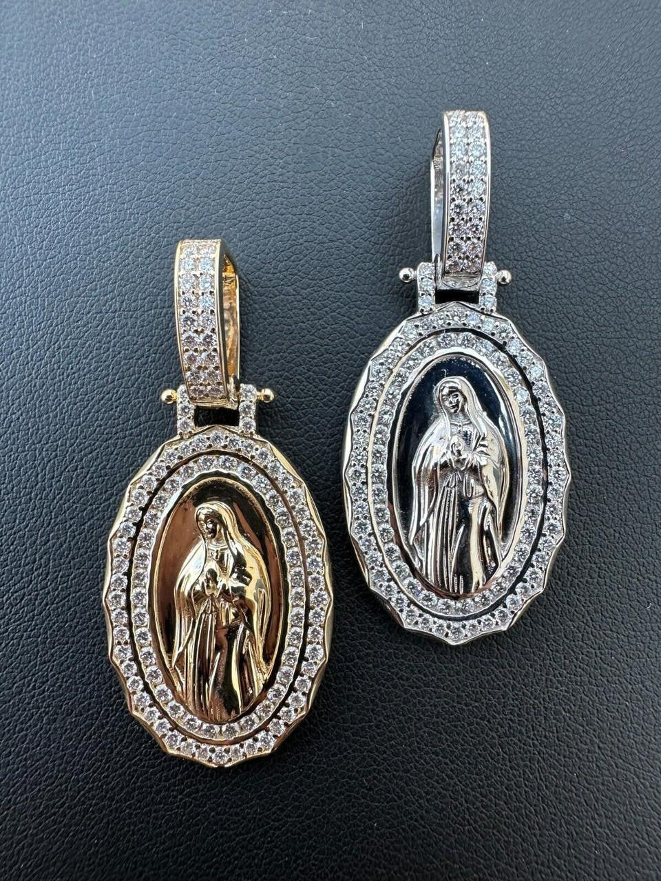 MOISSANITE Virgin Mary Iced Medallion Pendant - 10k Yellow Or White Gold - Small 1.75"