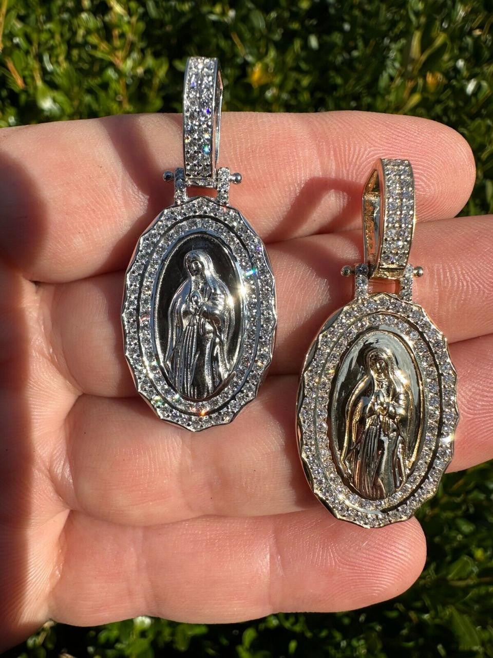 MOISSANITE Virgin Mary Iced Medallion Pendant - 10k Yellow Or White Gold - Small 1.75"