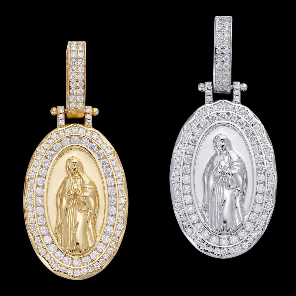 MOISSANITE Virgin Mary Iced Medallion Pendant - 10k Yellow Or White Gold - Small 1.75"