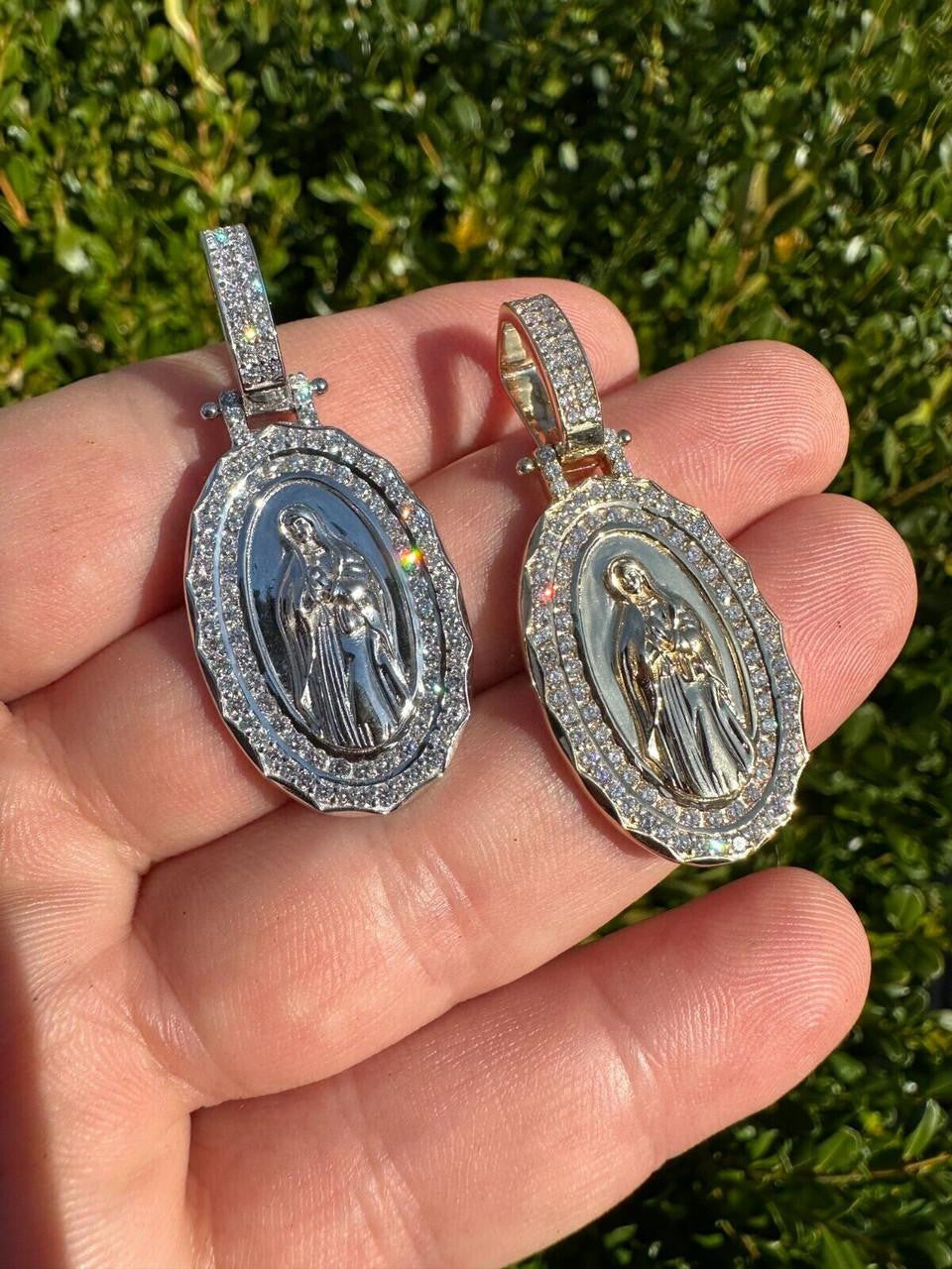 MOISSANITE Virgin Mary Iced Medallion Pendant - 10k Yellow Or White Gold - Small 1.75"