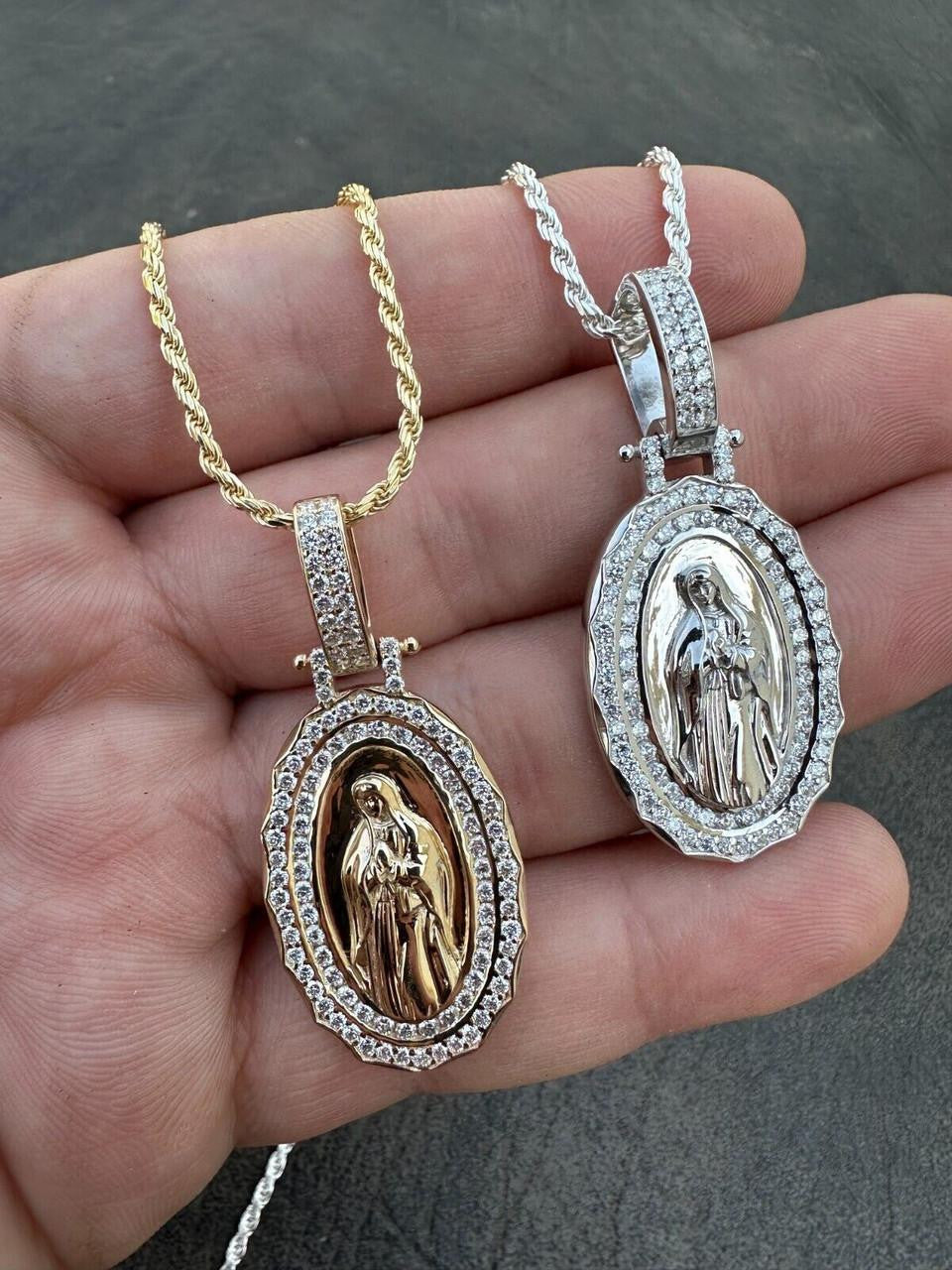 MOISSANITE Virgin Mary Iced Medallion Pendant - 10k Yellow Or White Gold - Small 1.75"