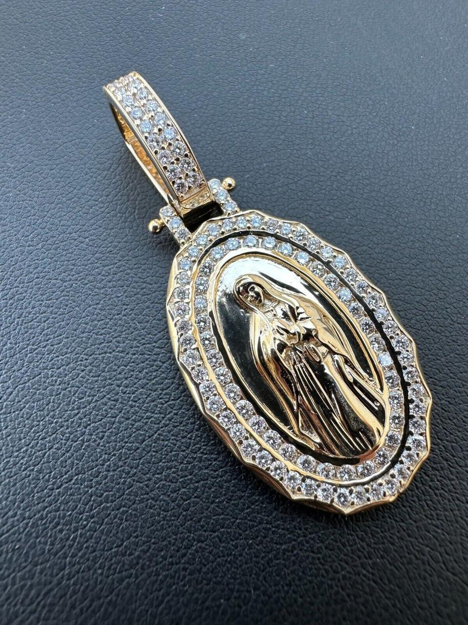 MOISSANITE Virgin Mary Iced Medallion Pendant - 10k Yellow Or White Gold - Small 1.75"