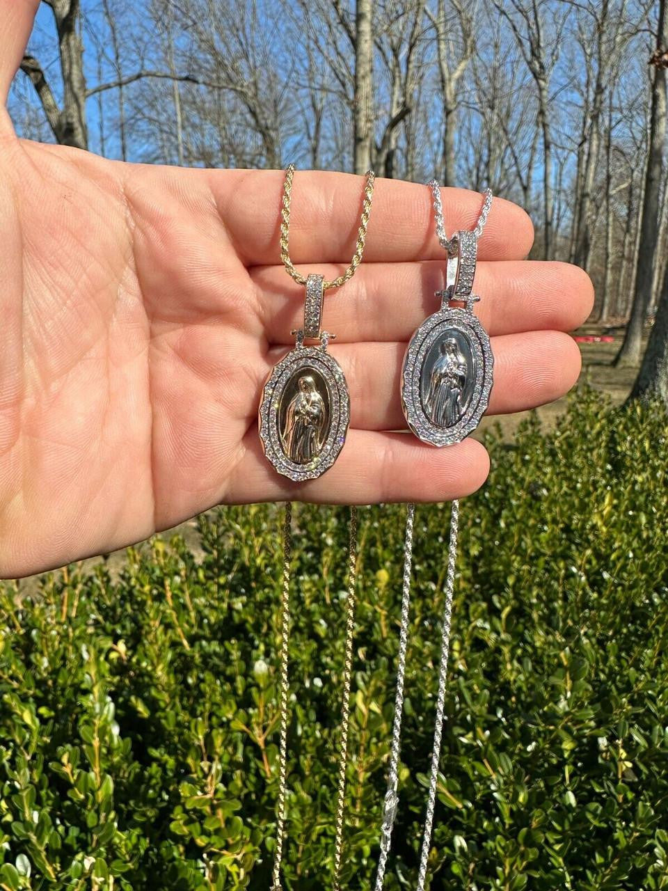 MOISSANITE Virgin Mary Iced Medallion Pendant - 10k Yellow Or White Gold - Small 1.75"
