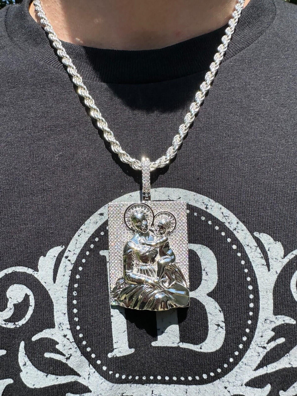 MOISSANITE Virgin Mary Pendant - 14k Gold Vermeil Or 925 Silver - Large 2.5"