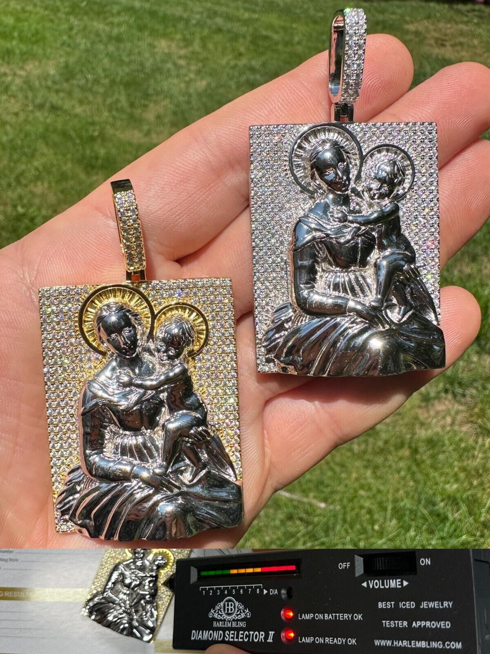 MOISSANITE Virgin Mary Pendant - 14k Gold Vermeil Or 925 Silver - Large 2.5"