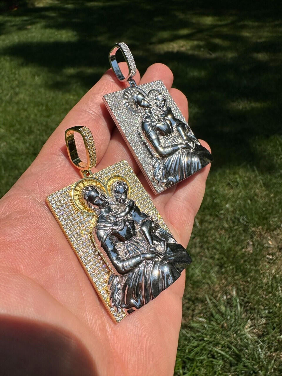 MOISSANITE Virgin Mary Pendant - 14k Gold Vermeil Or 925 Silver - Large 2.5"