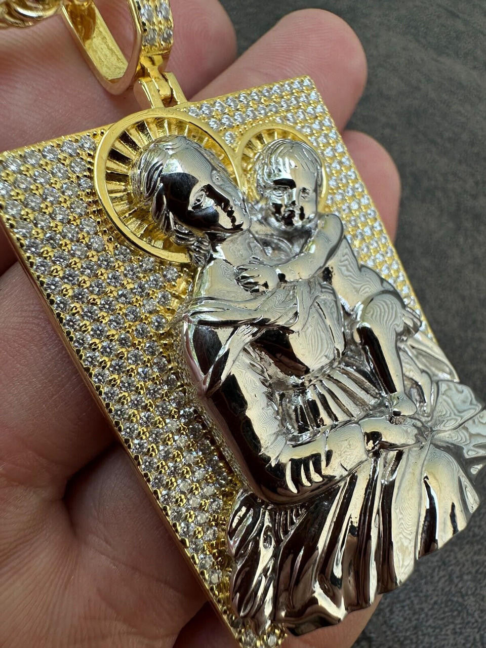 MOISSANITE Virgin Mary Pendant - 14k Gold Vermeil Or 925 Silver - Large 2.5"