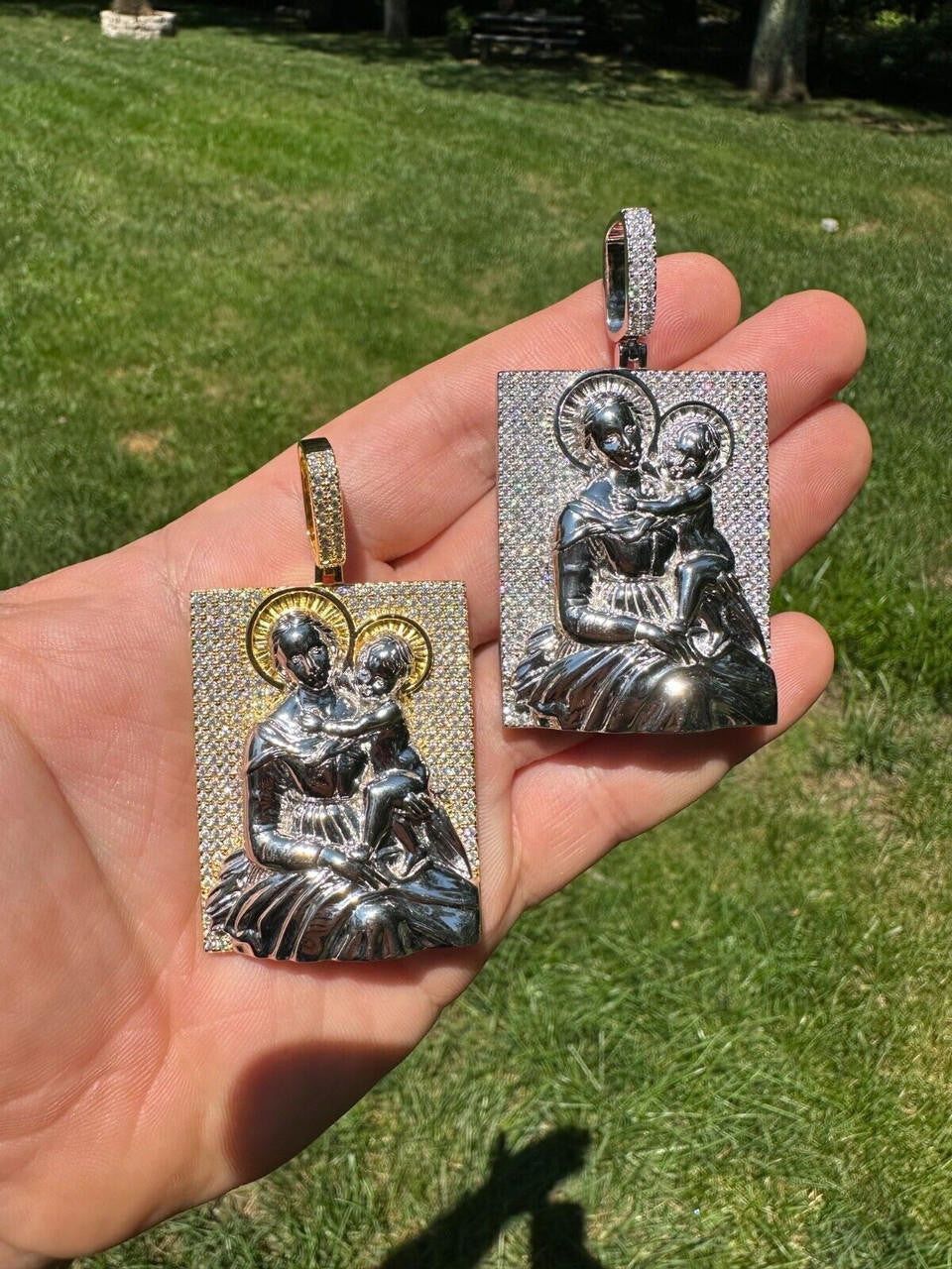 MOISSANITE Virgin Mary Pendant - 14k Gold Vermeil Or 925 Silver - Large 2.5"
