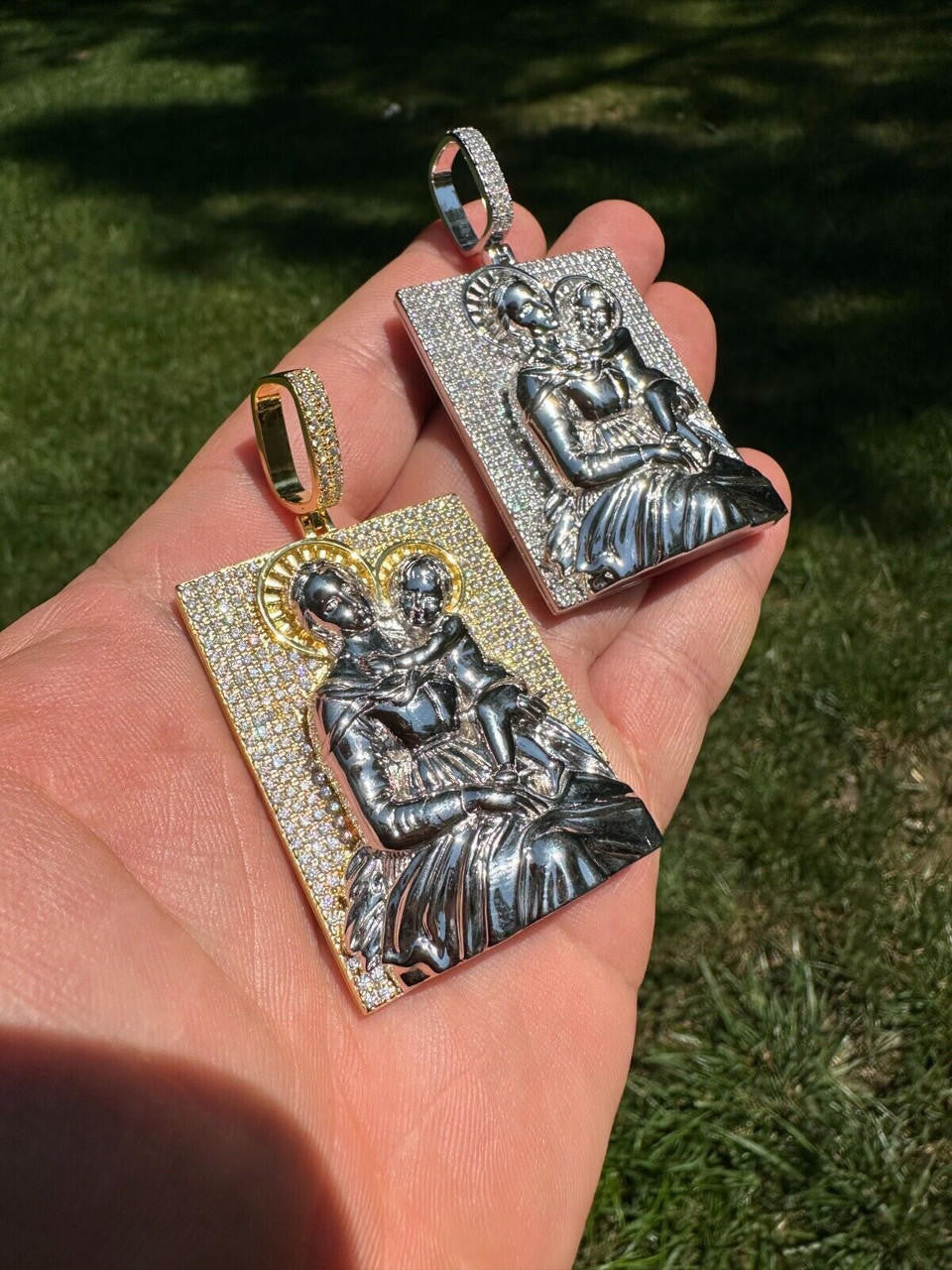 MOISSANITE Virgin Mary Pendant - 14k Gold Vermeil Or 925 Silver - Large 2.5"