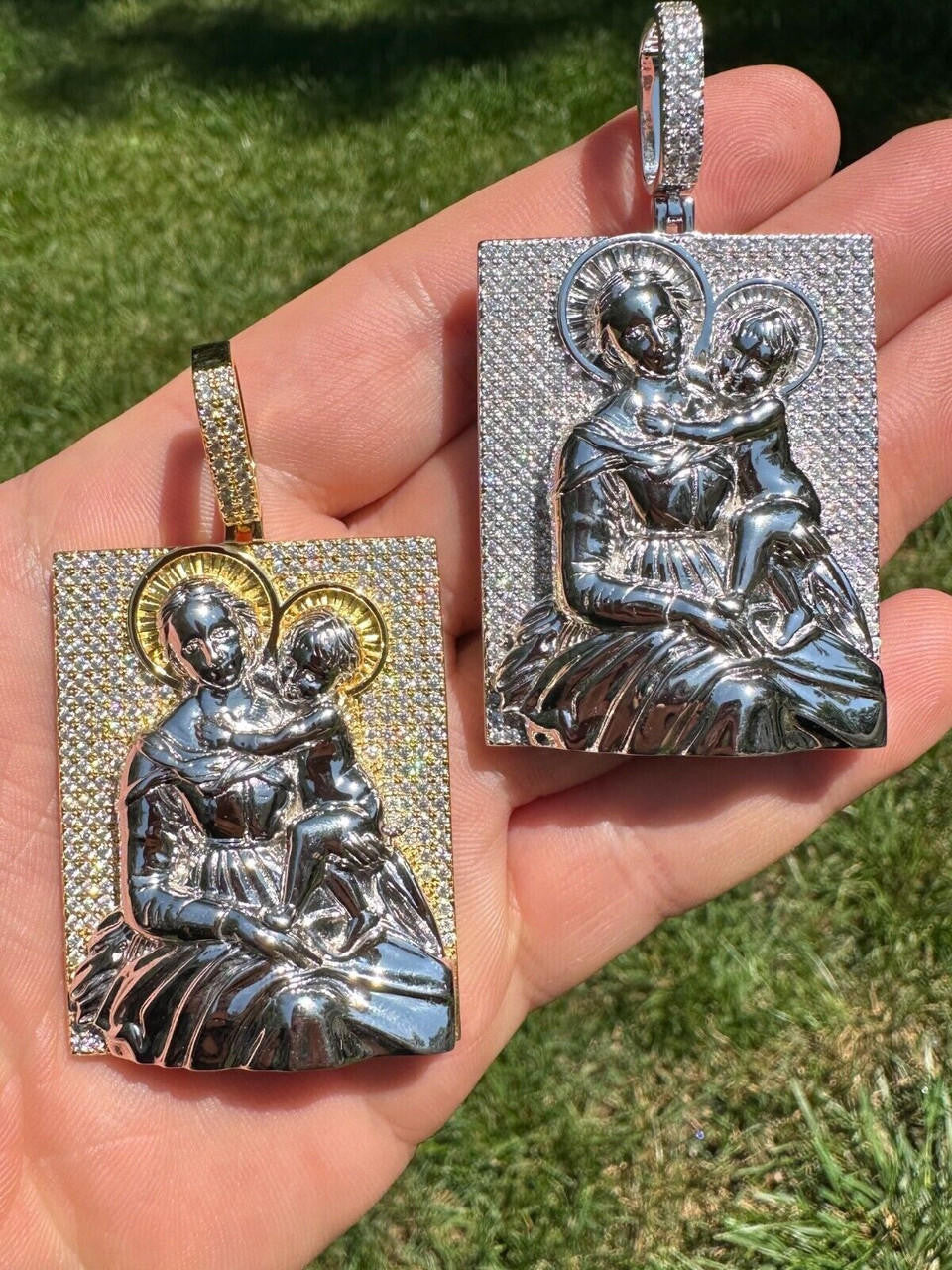MOISSANITE Virgin Mary Pendant - 14k Gold Vermeil Or 925 Silver - Large 2.5"
