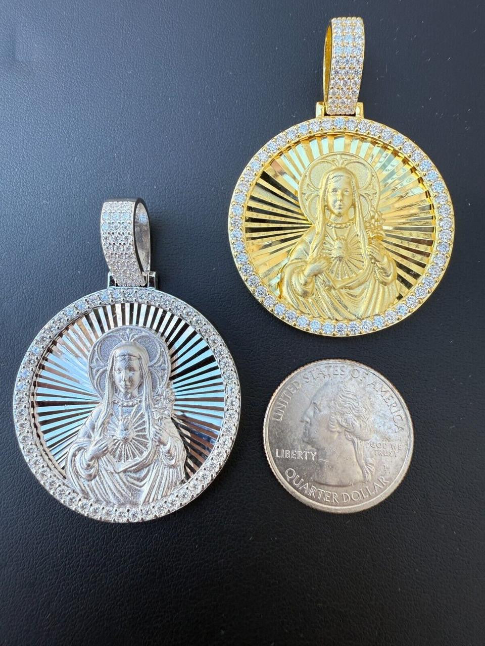 MOISSANITE Virgin Mary Round Medallion Pendant - 14k Gold Vermeil Or 925 Silver - Medium 2"