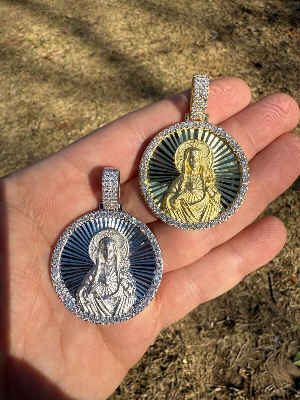 MOISSANITE Virgin Mary Round Medallion Pendant - 14k Gold Vermeil Or 925 Silver - Medium 2"