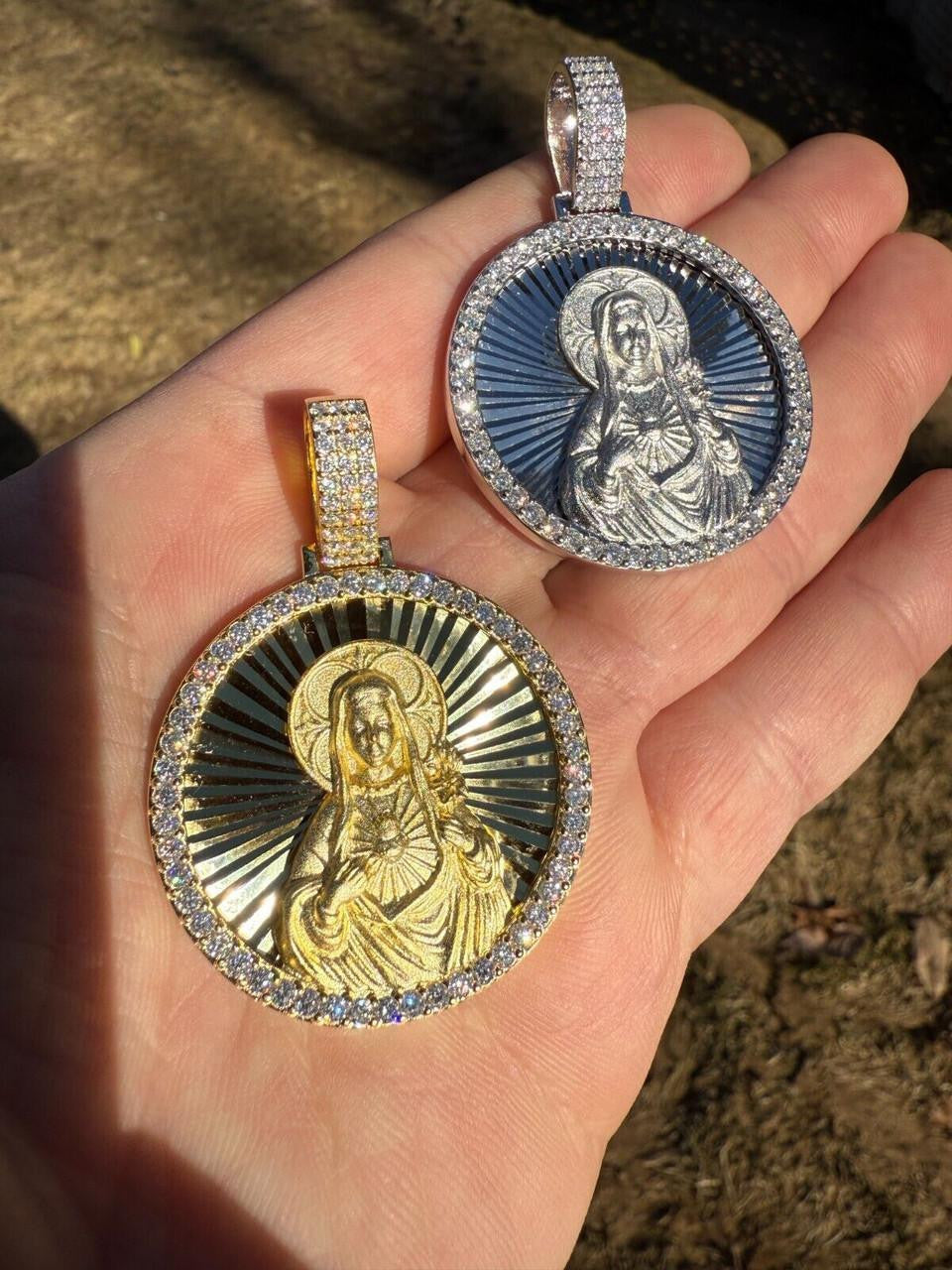 MOISSANITE Virgin Mary Round Medallion Pendant - 14k Gold Vermeil Or 925 Silver - Medium 2"