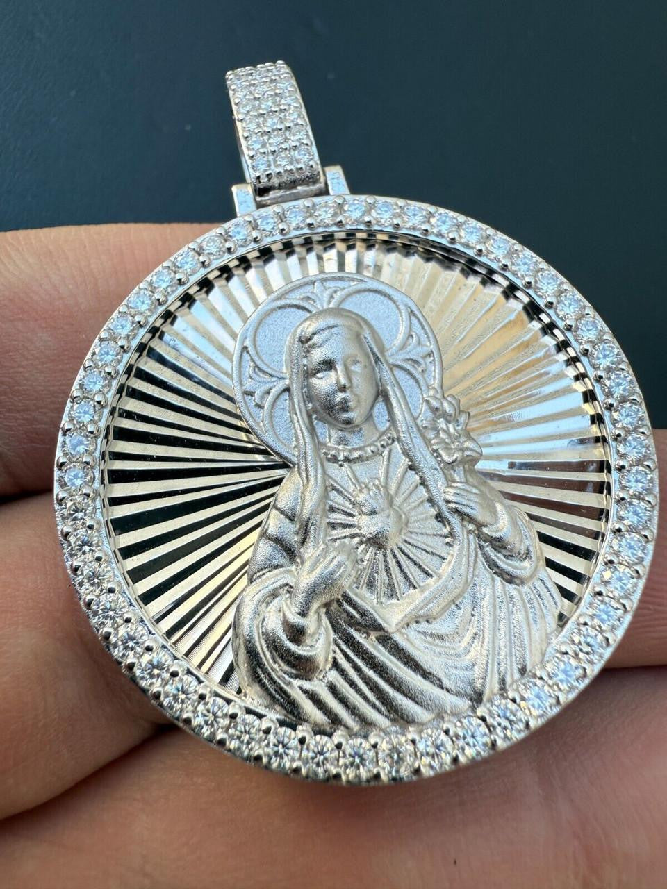 MOISSANITE Virgin Mary Round Medallion Pendant - 14k Gold Vermeil Or 925 Silver - Medium 2"