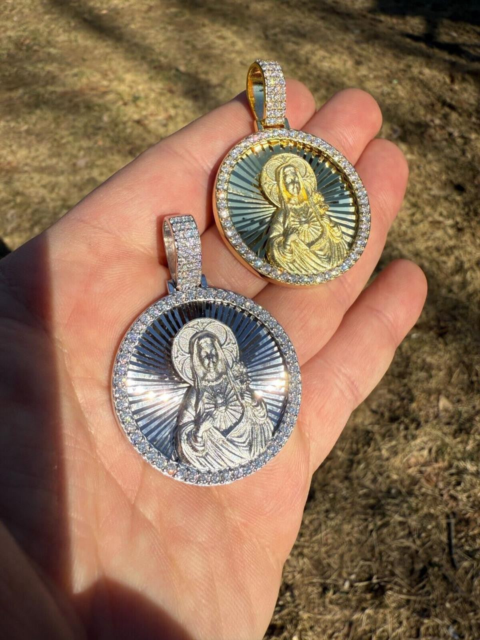 MOISSANITE Virgin Mary Round Medallion Pendant - 14k Gold Vermeil Or 925 Silver - Medium 2"