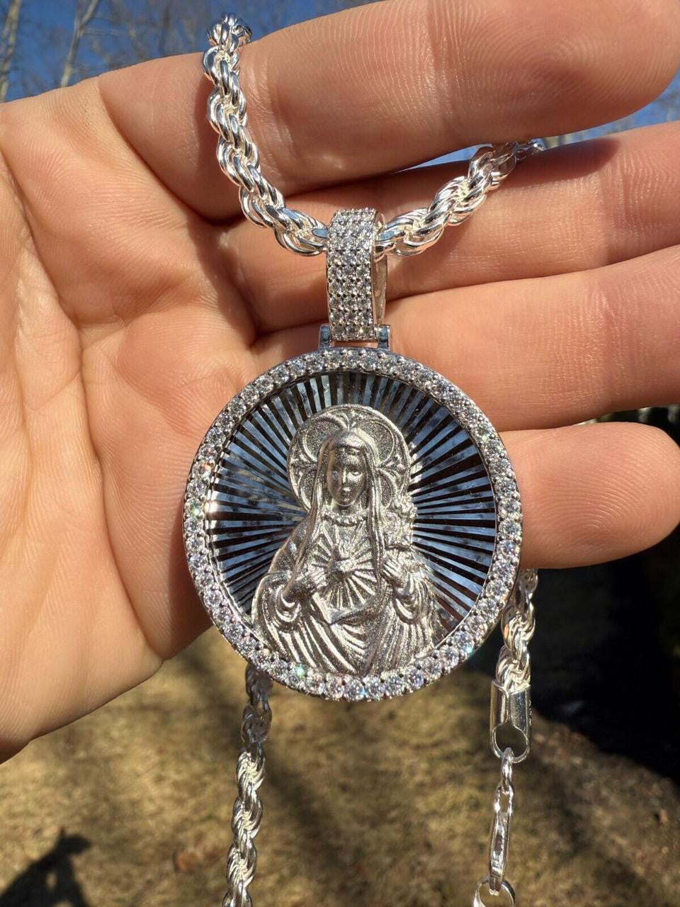 MOISSANITE Virgin Mary Round Medallion Pendant - 14k Gold Vermeil Or 925 Silver - Medium 2"