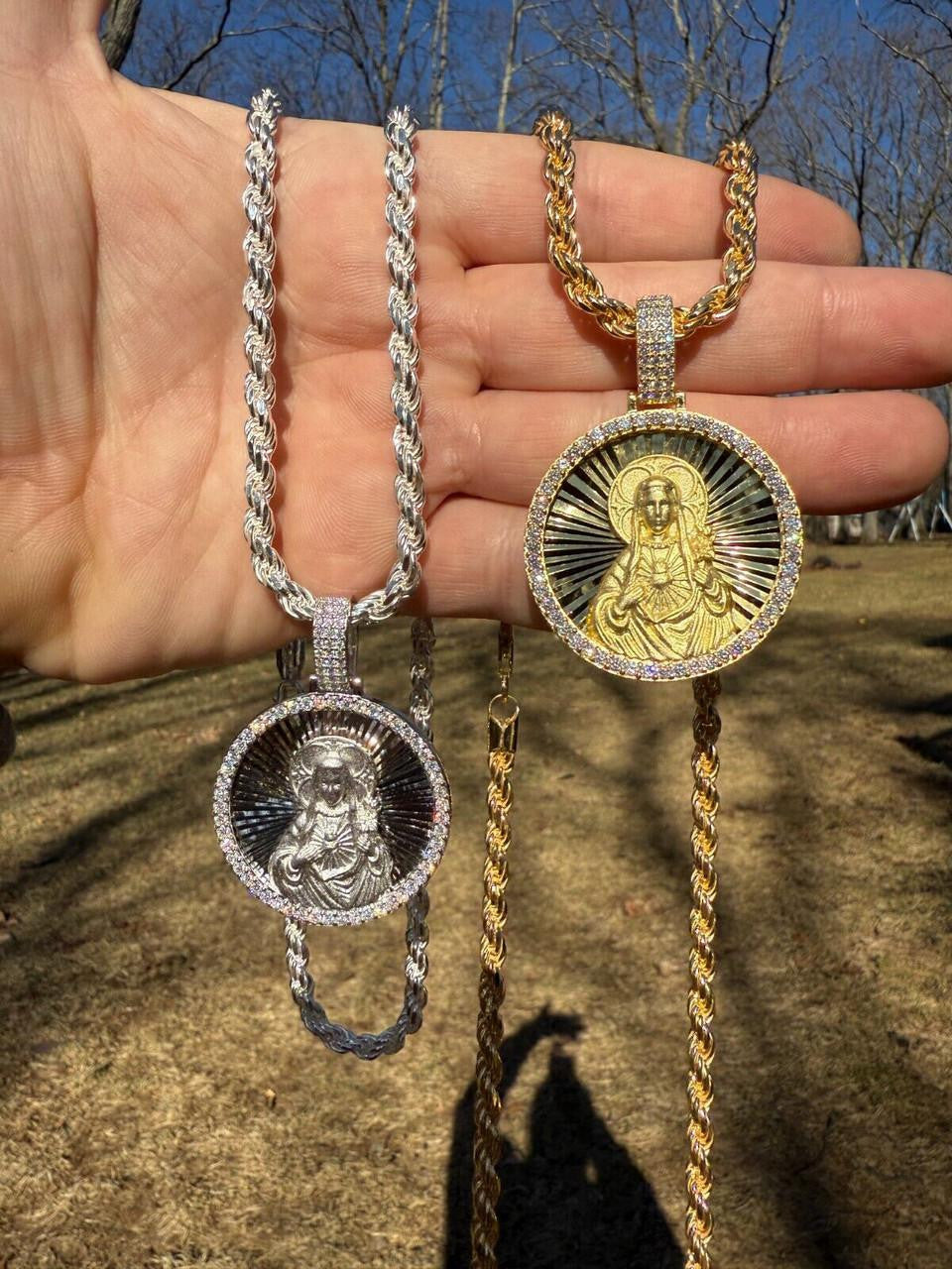 MOISSANITE Virgin Mary Round Medallion Pendant - 14k Gold Vermeil Or 925 Silver - Medium 2"