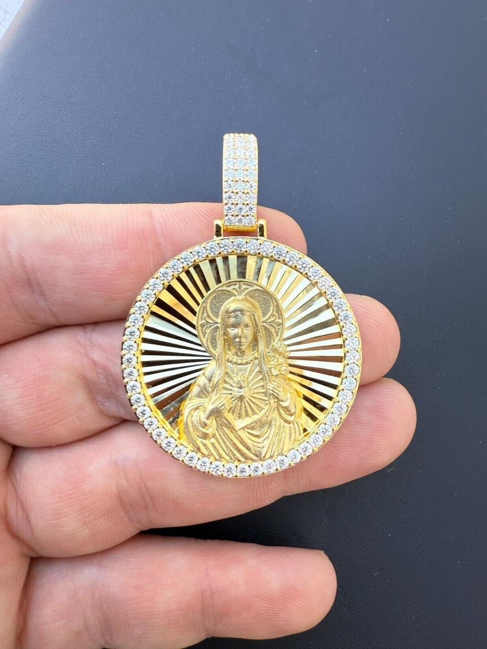 MOISSANITE Virgin Mary Round Medallion Pendant - 14k Gold Vermeil Or 925 Silver - Medium 2"