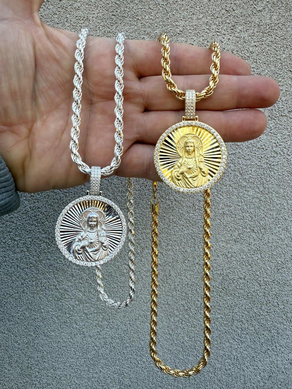 MOISSANITE Virgin Mary Round Medallion Pendant - 14k Gold Vermeil Or 925 Silver - Medium 2"
