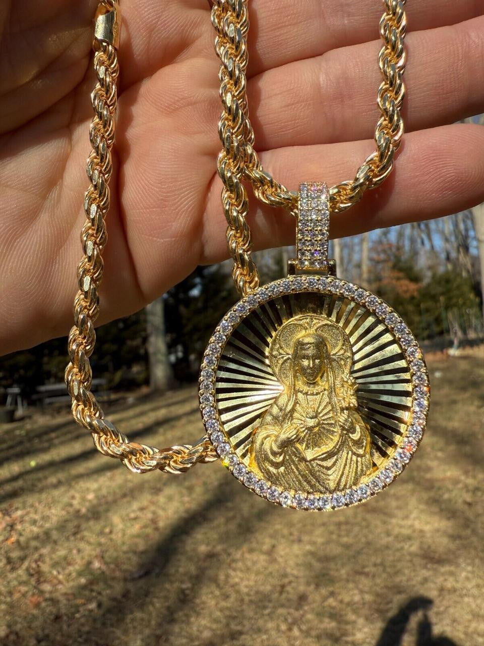 MOISSANITE Virgin Mary Round Medallion Pendant - 14k Gold Vermeil Or 925 Silver - Medium 2"