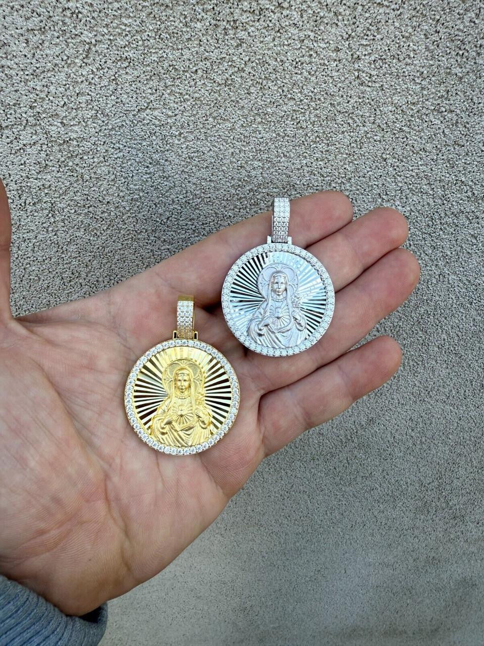 MOISSANITE Virgin Mary Round Medallion Pendant - 14k Gold Vermeil Or 925 Silver - Medium 2"