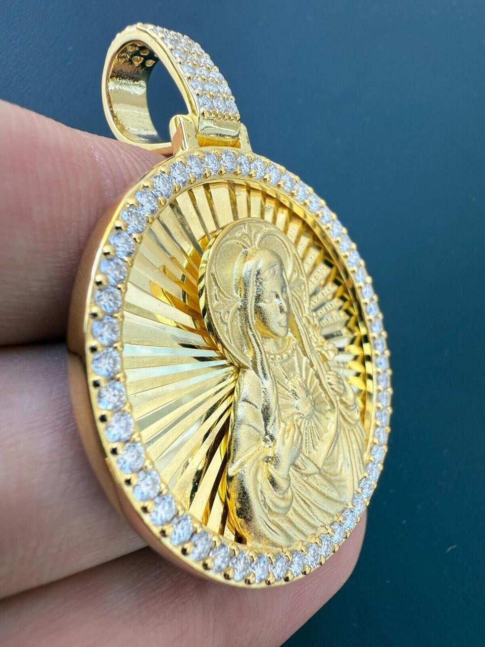 MOISSANITE Virgin Mary Round Medallion Pendant - 14k Gold Vermeil Or 925 Silver - Medium 2"