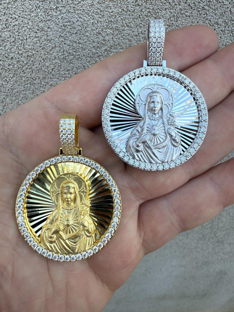 MOISSANITE Virgin Mary Round Medallion Pendant - 14k Gold Vermeil Or 925 Silver - Medium 2"