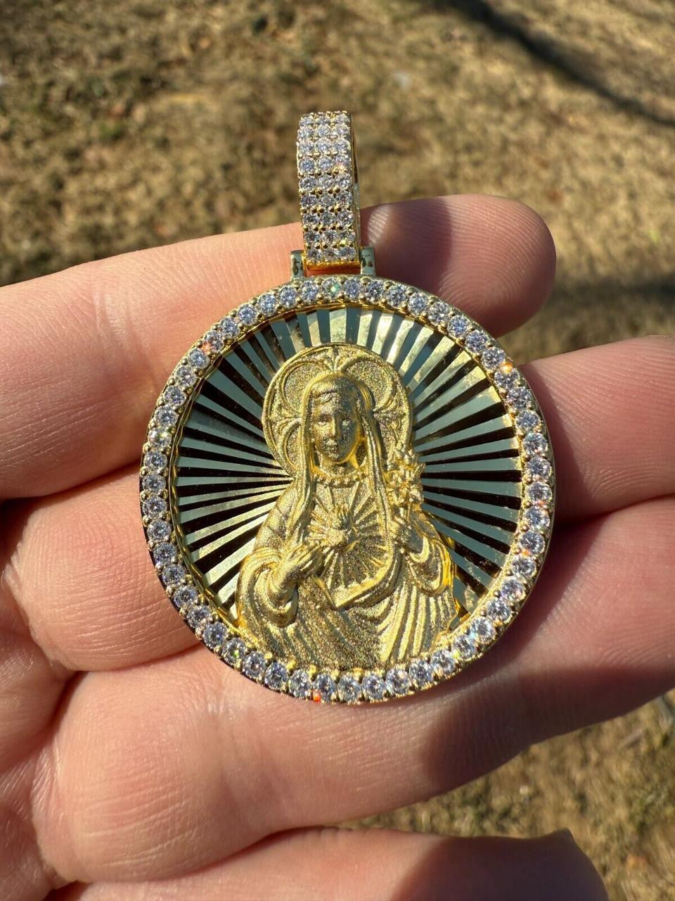 MOISSANITE Virgin Mary Round Medallion Pendant - 14k Gold Vermeil Or 925 Silver - Medium 2"