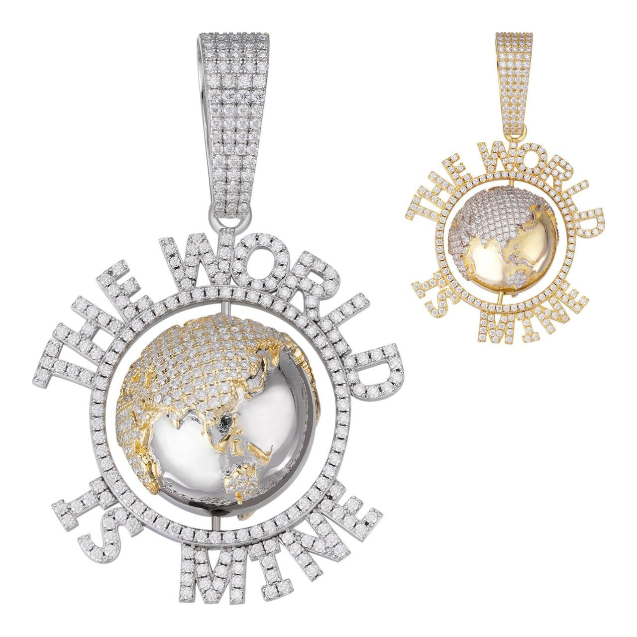 MOISSANITE World Is Mine Spinning Globe Hip Hop Pendant - 14k Yellow Gold Vermeil Or 925 Silver - Large 3"