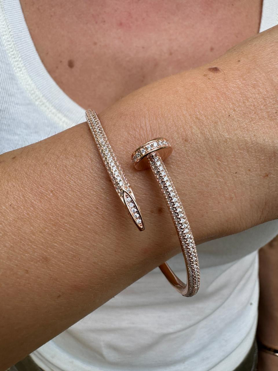 Nail Bangle Bracelet Iced Out CZ Stones - 14k Rose Gold Vermeil 925 Silver - 6"-7.5"
