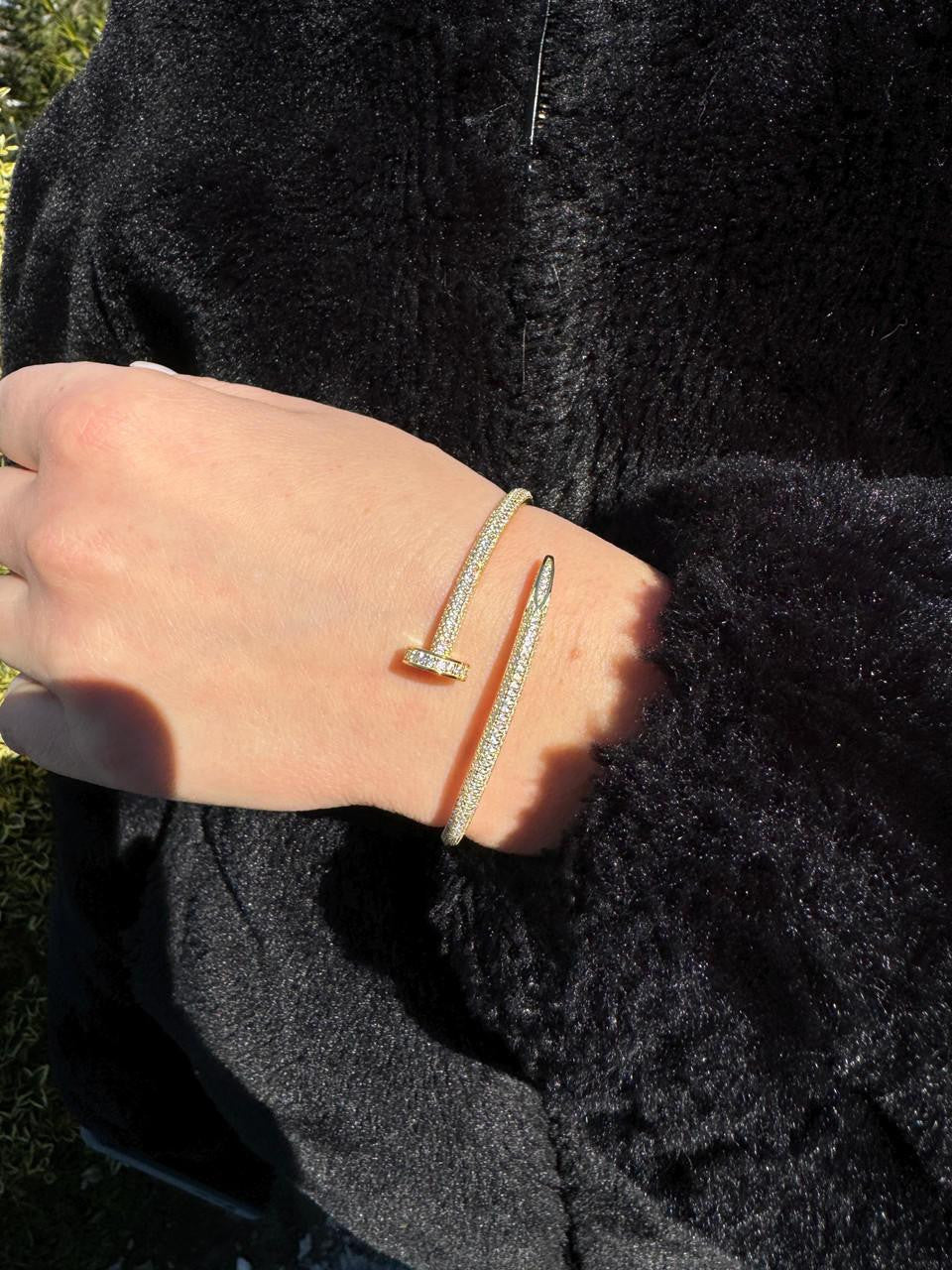 Nail Bangle Bracelet Iced Out CZ Stones - 14k Rose Gold Vermeil 925 Silver - 6"-7.5"