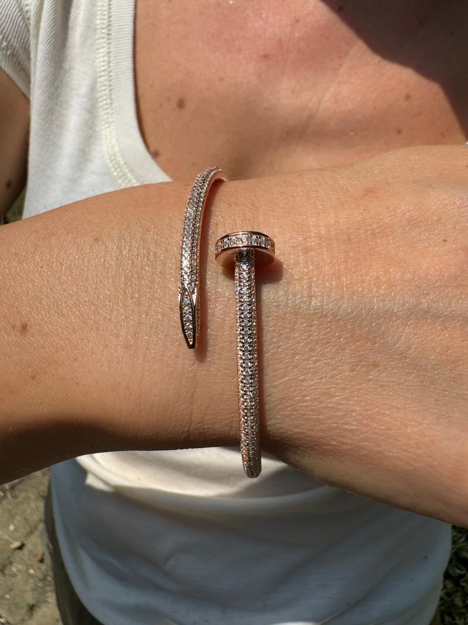 Nail Bangle Bracelet Iced Out CZ Stones - 14k Rose Gold Vermeil 925 Silver - 6"-7.5"