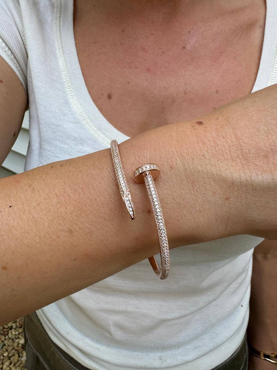 Nail Bangle Bracelet Iced Out CZ Stones - 14k Rose Gold Vermeil 925 Silver - 6"-7.5"