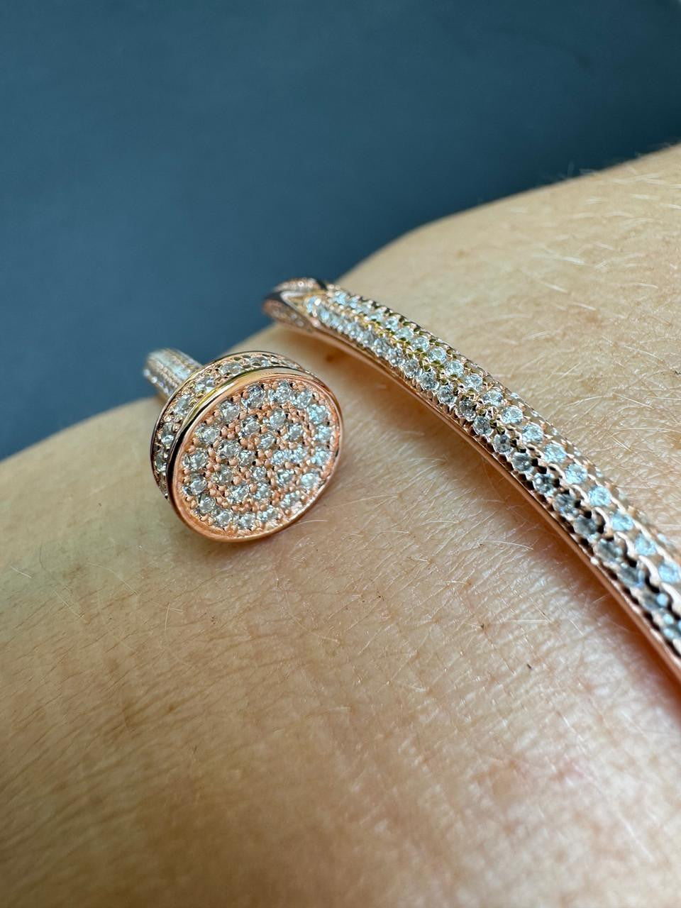 Nail Bangle Bracelet Iced Out CZ Stones - 14k Rose Gold Vermeil 925 Silver - 6"-7.5"
