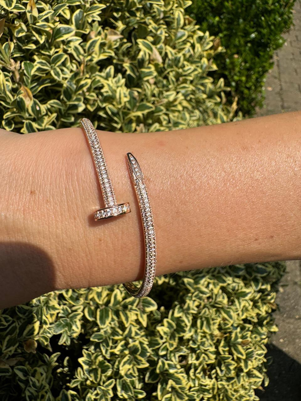 Nail Bangle Bracelet Iced Out CZ Stones - 14k Rose Gold Vermeil 925 Silver - 6"-7.5"