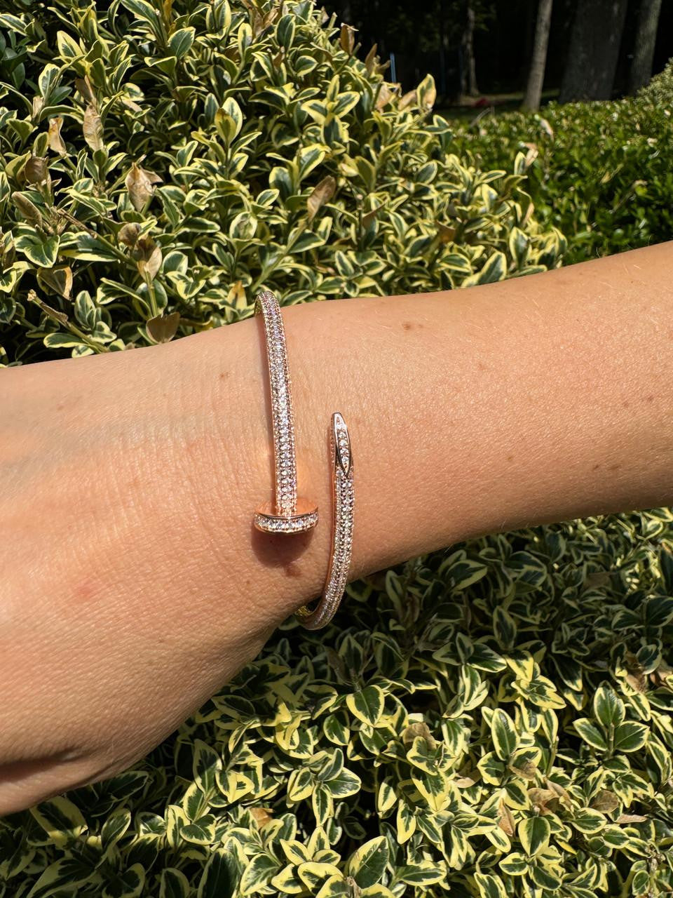 Nail Bangle Bracelet Iced Out CZ Stones - 14k Rose Gold Vermeil 925 Silver - 6"-7.5"