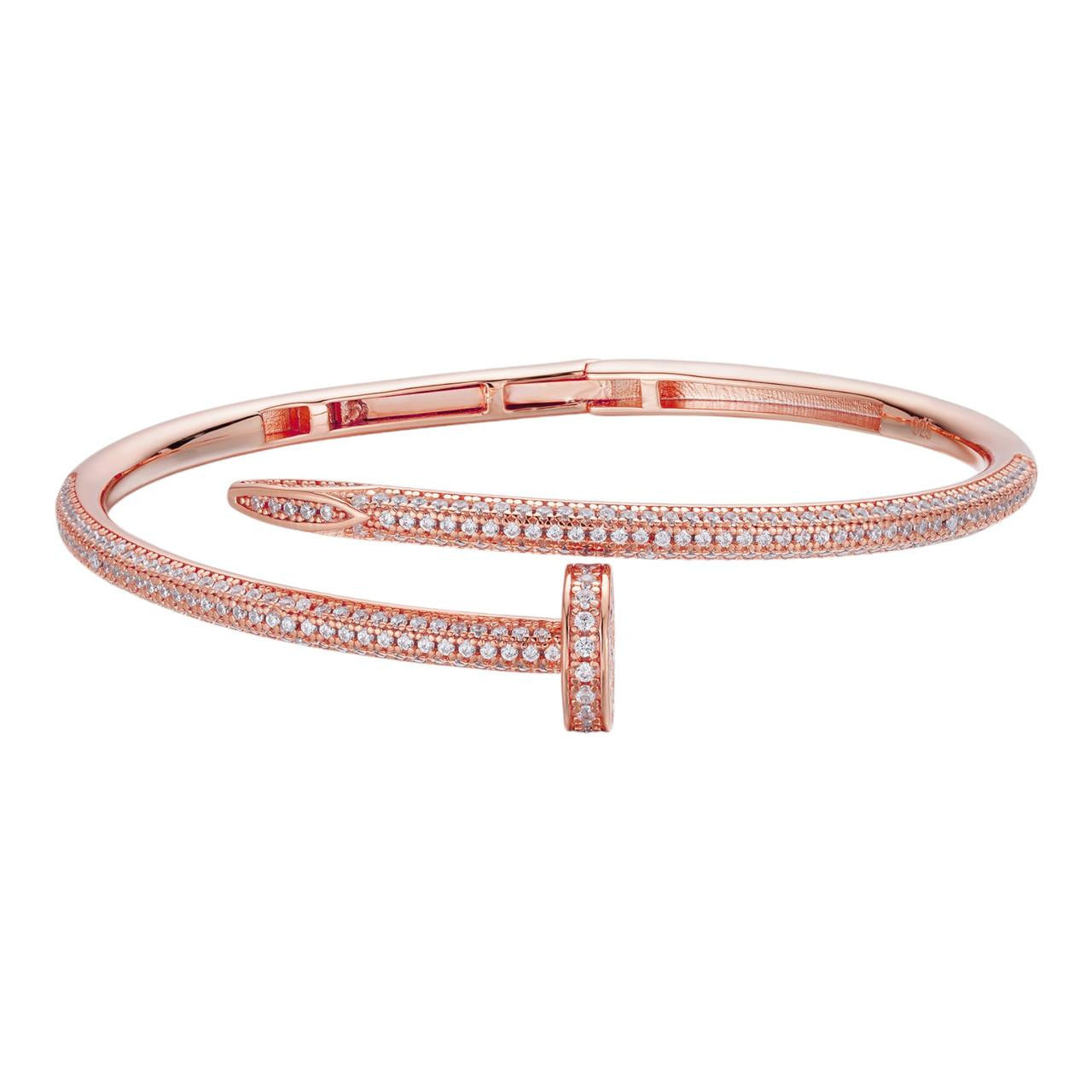 Nail Bangle Bracelet Iced Out CZ Stones - 14k Rose Gold Vermeil 925 Silver - 6"-7.5"