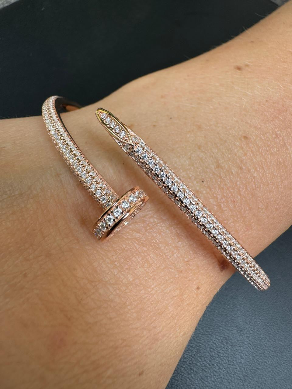 Nail Bangle Bracelet Iced Out CZ Stones - 14k Rose Gold Vermeil 925 Silver - 6"-7.5"